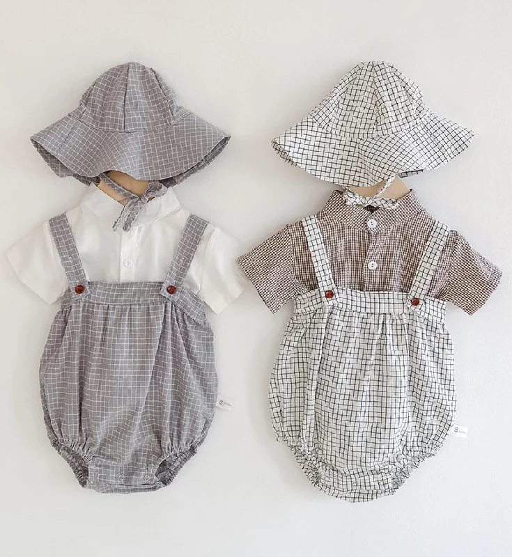 Cotton Check Romper and Sun Hat